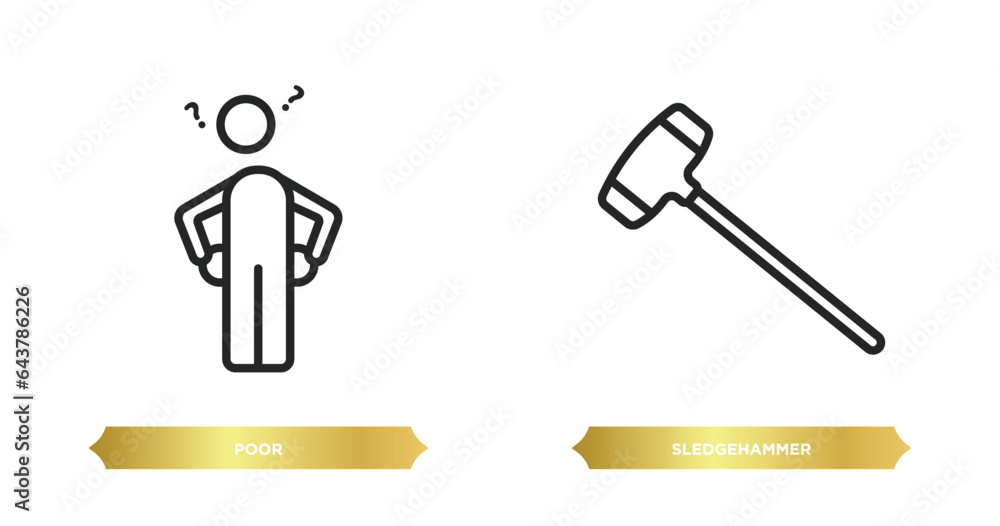 Poster two editable outline icons from general concept. thin line icons such as poor, sledgehammer vector.