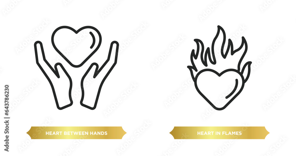 Poster two editable outline icons from general concept. thin line icons such as heart between hands, heart 