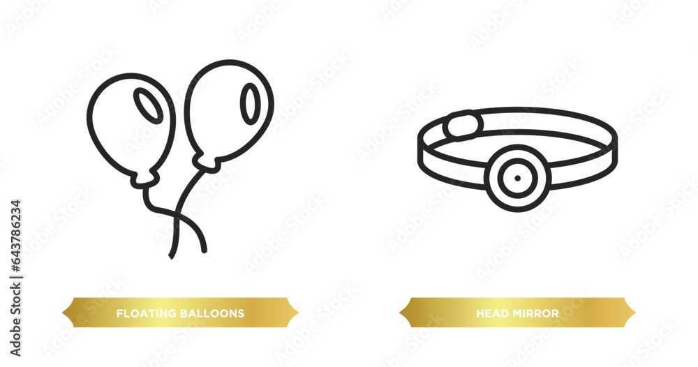 Poster two editable outline icons from general concept. thin line icons such as floating balloons, head mir
