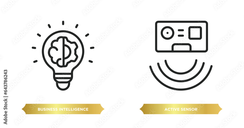 Poster two editable outline icons from general concept. thin line icons such as business intelligence, acti