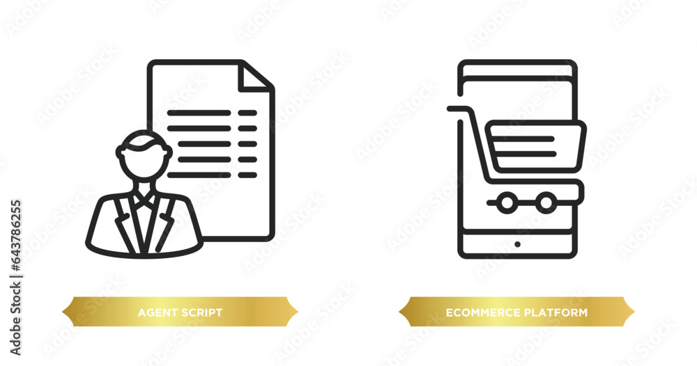 Poster two editable outline icons from general concept. thin line icons such as agent script, ecommerce pla