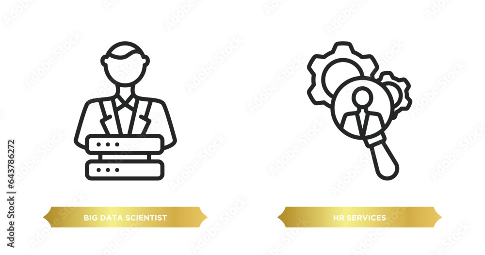 Poster two editable outline icons from general concept. thin line icons such as big data scientist, hr serv