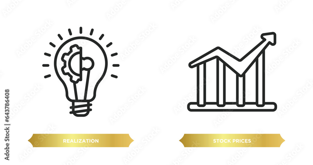 Poster two editable outline icons from general concept. thin line icons such as realization, stock prices v