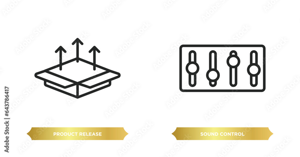 Poster two editable outline icons from general concept. thin line icons such as product release, sound cont