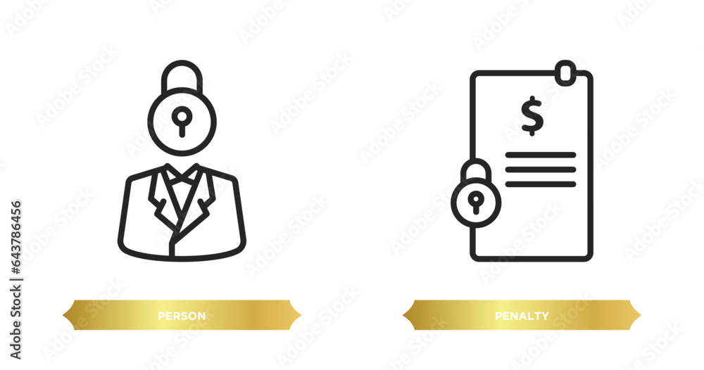 Poster two editable outline icons from gdpr concept. thin line icons such as person, penalty vector.
