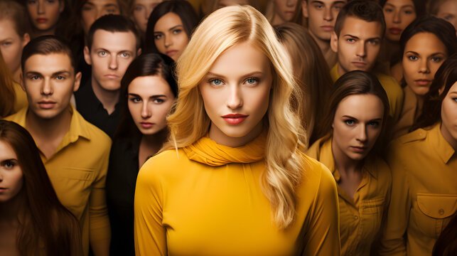 Stand Out From The Crowd Concept With Blonde Woman Standing Out From Large Crowd Of People
