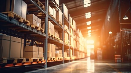 Obraz premium A large warehouse with numerous items. Rows of shelves with boxes. Logistics. Inventory control, order fulfillment or space optimization. Illustration for advertising, marketing or presentation.