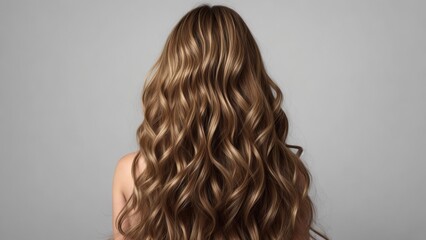Fototapeta premium Model woman from behind with beautiful long wavy hair, dyed hair, Generative AI