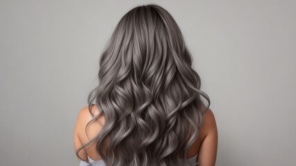 Model woman from behind with beautiful long wavy hair, dyed hair, Generative AI