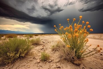 blooming desert vegetation against a stormy sky