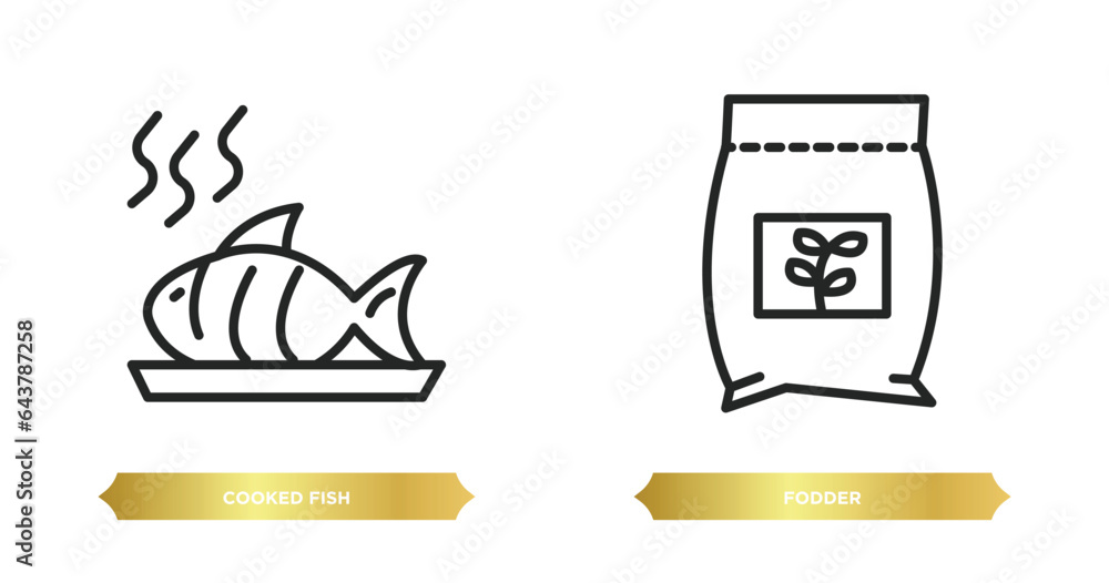 Poster two editable outline icons from food concept. thin line icons such as cooked fish, fodder vector.