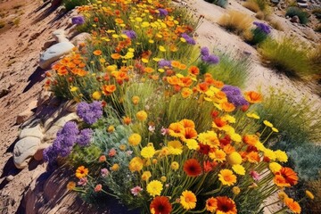 aerial view of colorful desert wildflowers in bloom - obrazy, fototapety, plakaty