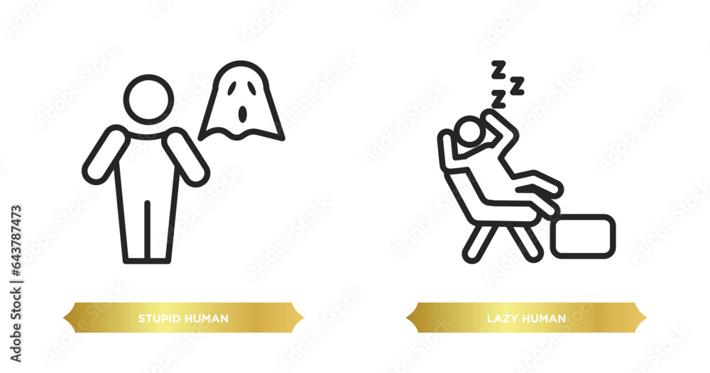 Poster two editable outline icons from feelings concept. thin line icons such as stupid human, lazy human v