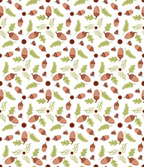 Cute oak leaves and acorns seamless pattern. Background design for  wrapping paper, greeting card, banners, ceramic tiles, decor.