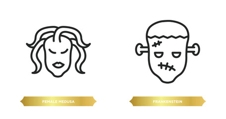 two editable outline icons from fairy tale concept. thin line icons such as female medusa, frankenstein vector.