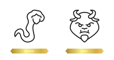 two editable outline icons from fairy tale concept. thin line icons such as rapunzel, beast vector.