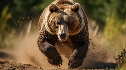 Brown bear running through sand in summer forest. Scientific name: Ursus arctos.