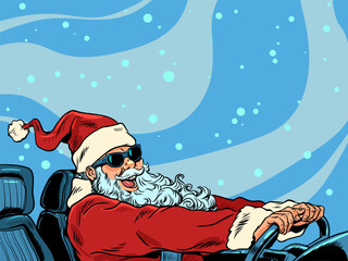 santa claus christmas The New Year is approaching customers, the announcement of upcoming discounts and promotions in stores. Seasonal shift and care of the car in the winter. Santa Claus driving a - 643787853