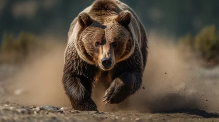 Fotobehang Brown bear running on the sand in summer forest. Scientific name: Ursus arctos. Natural habitat. © John Martin