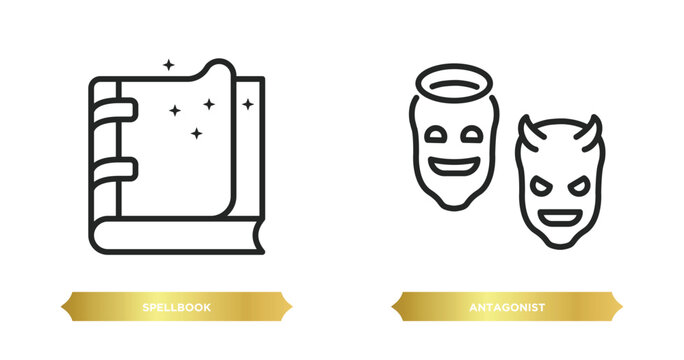 two editable outline icons from fairy tale concept. thin line icons such as spellbook, antagonist vector.