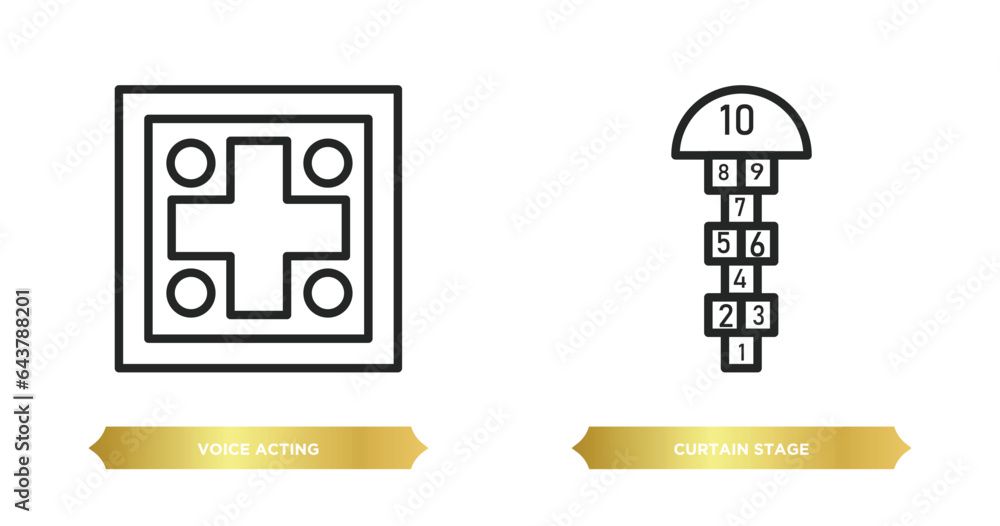Poster two editable outline icons from arcade concept. thin line icons such as voice acting, curtain stage 