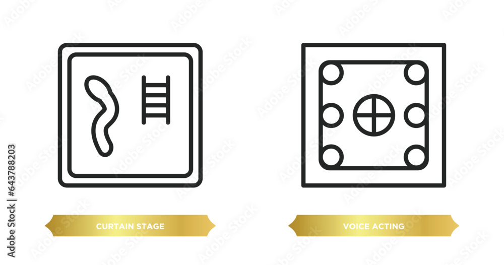 Poster two editable outline icons from arcade concept. thin line icons such as curtain stage, voice acting 