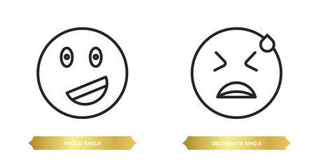 two editable outline icons from emoji concept. thin line icons such as proud emoji, desperate emoji vector.