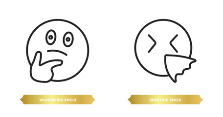 two editable outline icons from emoji concept. thin line icons such as wondering emoji, sneezing emoji vector.