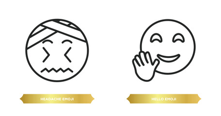 two editable outline icons from emoji concept. thin line icons such as headache emoji, hello emoji vector.