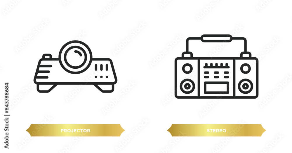 Poster two editable outline icons from electronic devices concept. thin line icons such as projector, stere