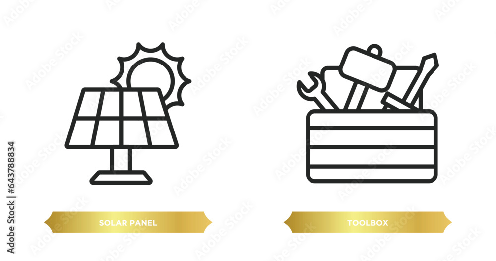 Poster two editable outline icons from electrian connections concept. thin line icons such as solar panel, 