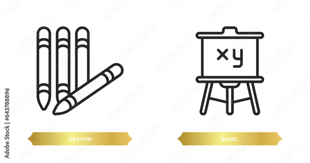 Poster two editable outline icons from education concept. thin line icons such as crayon, easel vector.