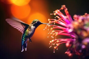 Obraz premium macro of hummingbird feeding, pollinating colorful flower
