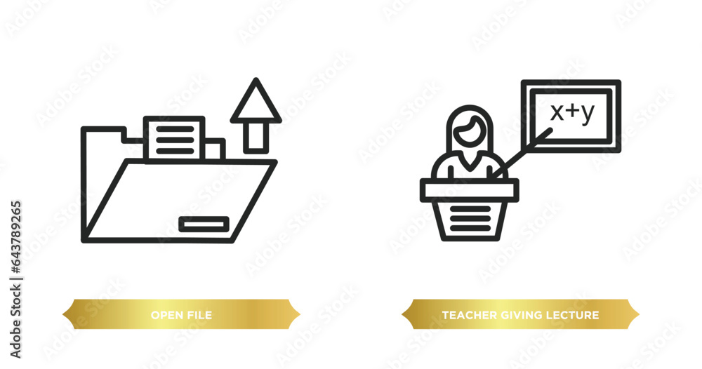 Poster two editable outline icons from education concept. thin line icons such as open file, teacher giving