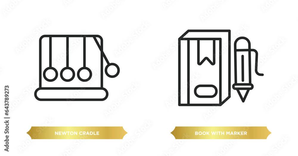 Poster two editable outline icons from education concept. thin line icons such as newton cradle, book with 