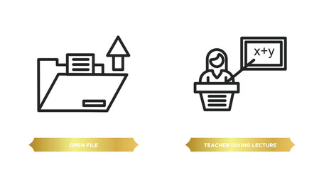 two editable outline icons from education concept. thin line icons such as open file, teacher giving lecture vector.