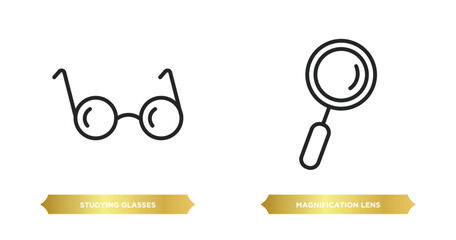 two editable outline icons from education concept. thin line icons such as studying glasses, magnification lens vector.