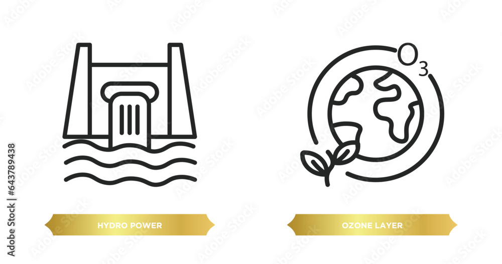 Poster two editable outline icons from ecology concept. thin line icons such as hydro power, ozone layer ve