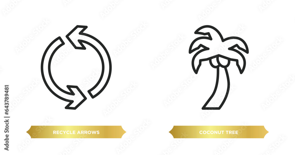 Poster two editable outline icons from ecology concept. thin line icons such as recycle arrows, coconut tre