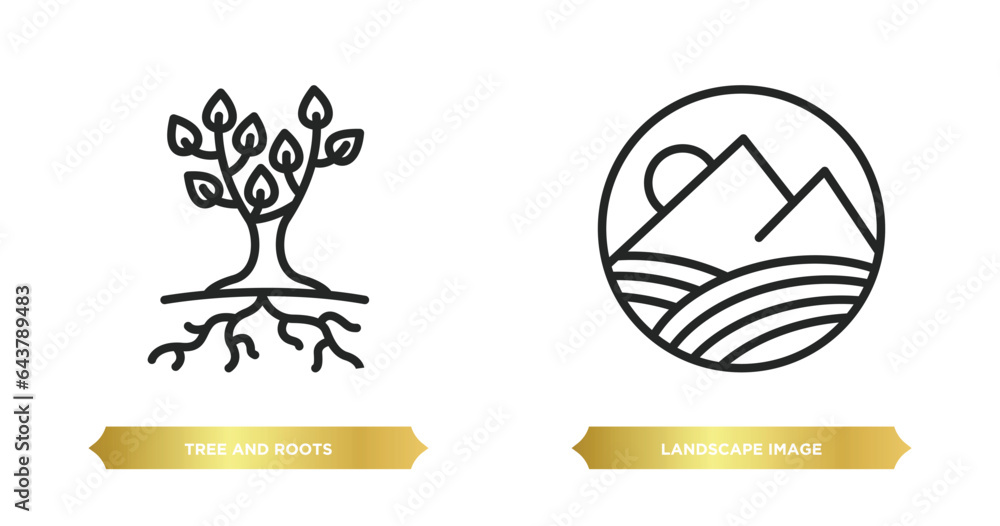 Poster two editable outline icons from ecology concept. thin line icons such as tree and roots, landscape i