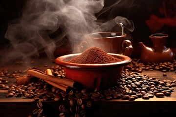 aromatic smoke rising from roasting coffee beans