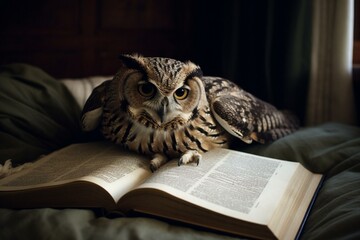 An owl peruses a book on a bed, symbolizing knowledge. Generative AI
