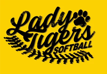 Fotobehang distressed lady tigers softball team design with stitches and paw print for school, college or league sports © EarlFergusonClipart