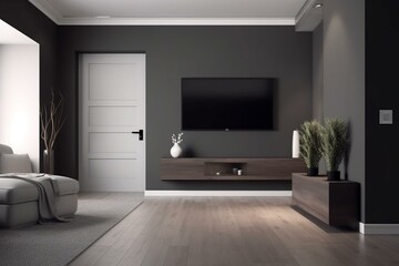 Empty living room with bathroom, dark gray walls, wooden floor, TV cabinet, white door, and carpet. Interior design concept. Generative AI