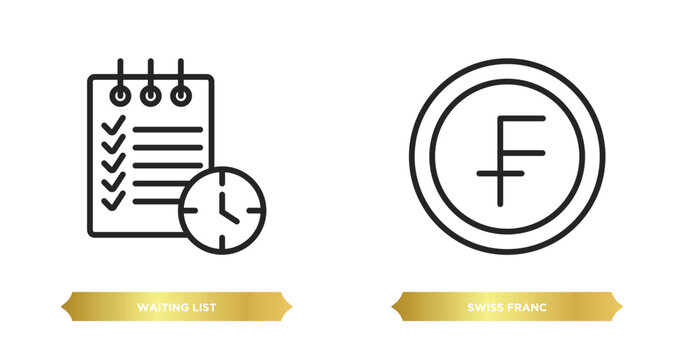 two editable outline icons from e commerce and payment concept. thin line icons such as waiting list, swiss franc vector.