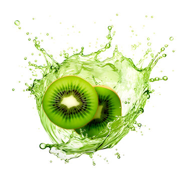 Kiwi with juice splash on the white background, summer fruits concept, realistic design illustration, generative ai