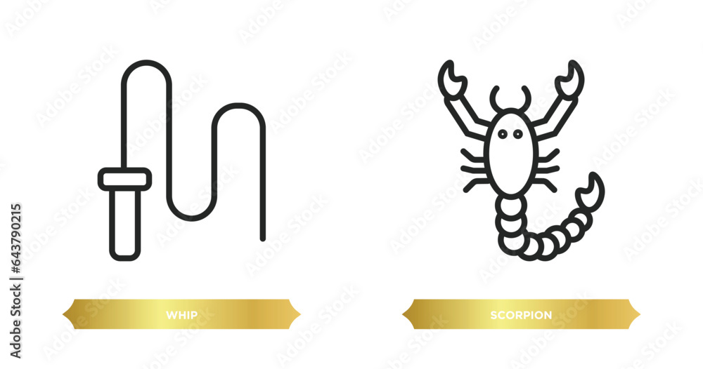 Poster two editable outline icons from desert concept. thin line icons such as whip, scorpion vector.