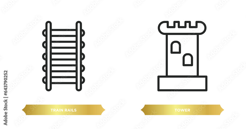 Poster two editable outline icons from desert concept. thin line icons such as train rails, tower vector.