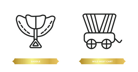 two editable outline icons from desert concept. thin line icons such as saddle, wild west cart vector.