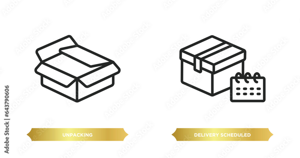 Poster two editable outline icons from delivery and logistic concept. thin line icons such as unpacking, de